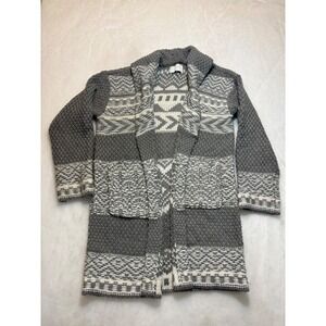 Lucky Brand Shawl Collar Cardigan Sweater Geometric Pattern Gray White Size S